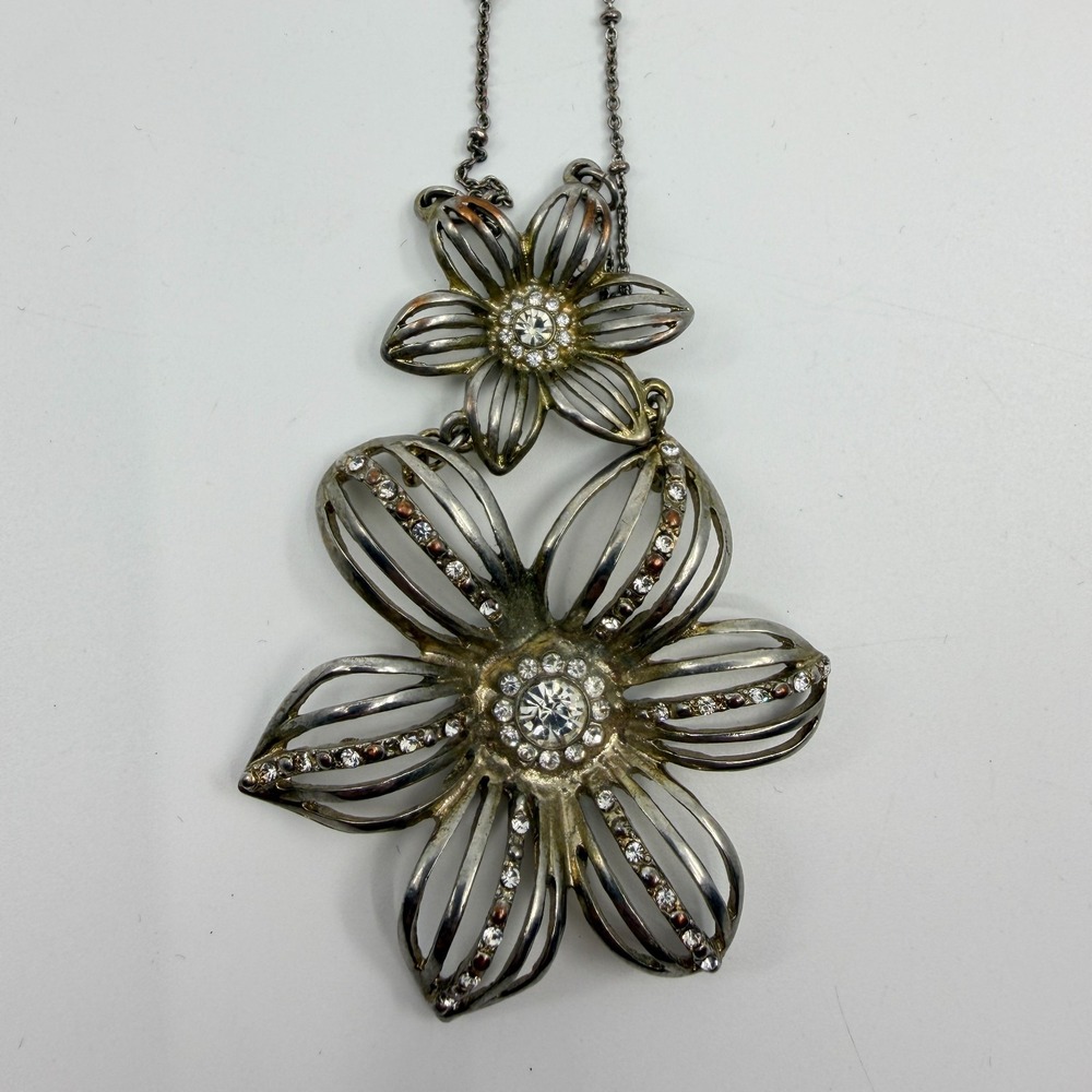 Statement Floral Rhinestone Pendant Necklace Large Silver Tone Flower Charm Gift